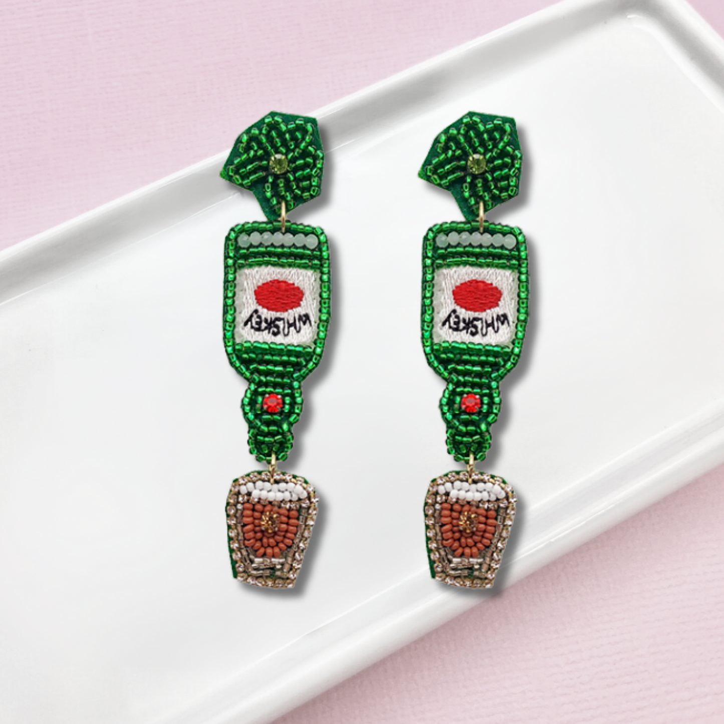 St Patrick's Day Irish Whiskey Lover Beaded Earrings