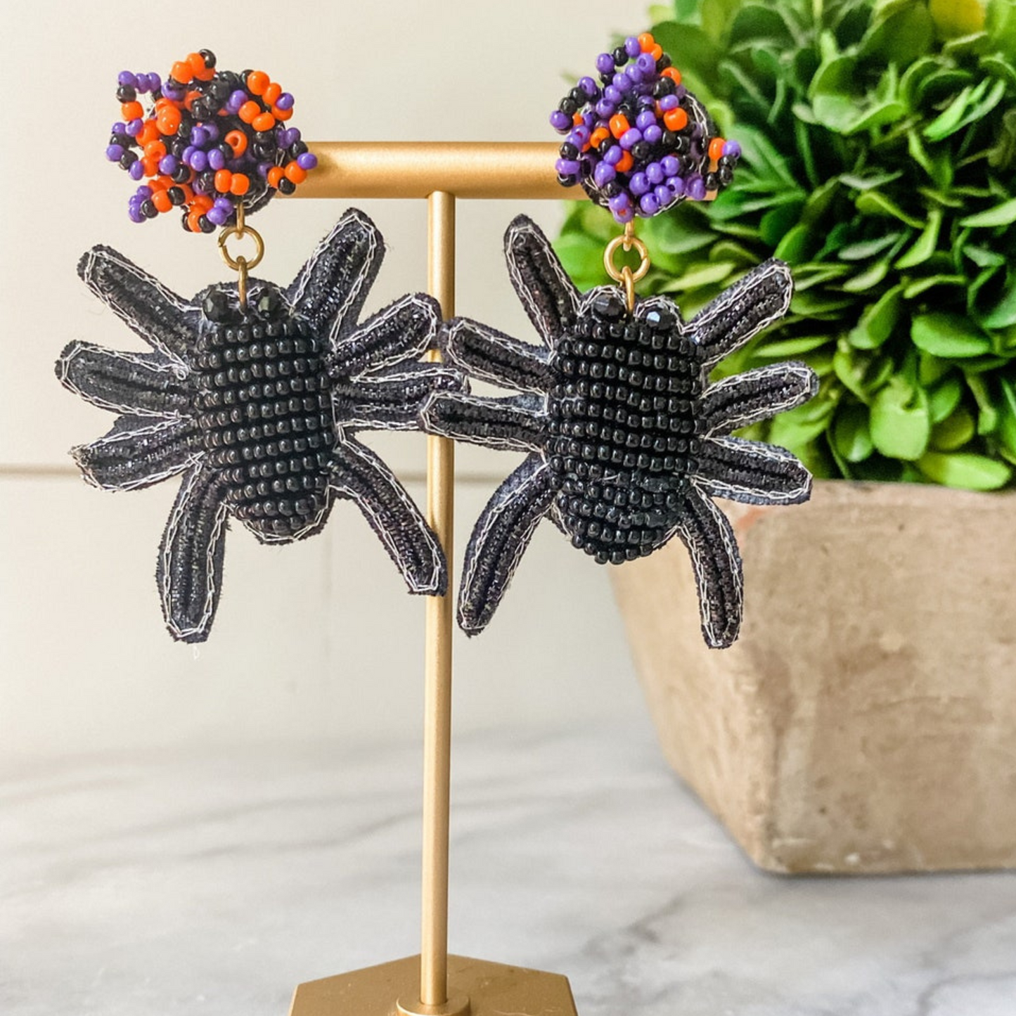 Halloween Spider Seed Beaded Pom-Pom Earrings