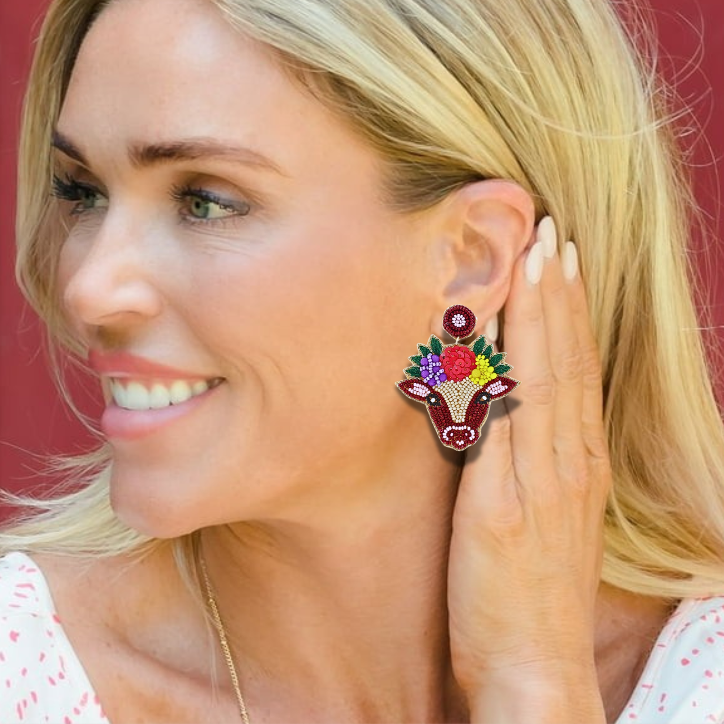 Boho Flower Crown Cow Beaded Earrings