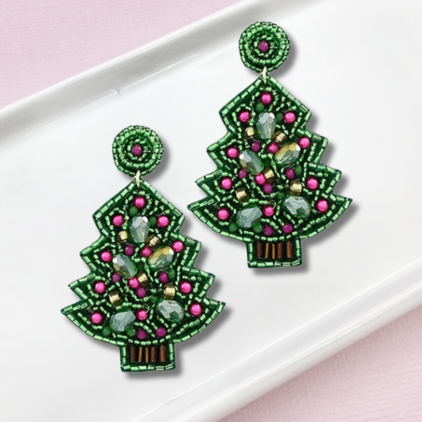 Pink Beaded Christmas Tree Seed Bead Earrings