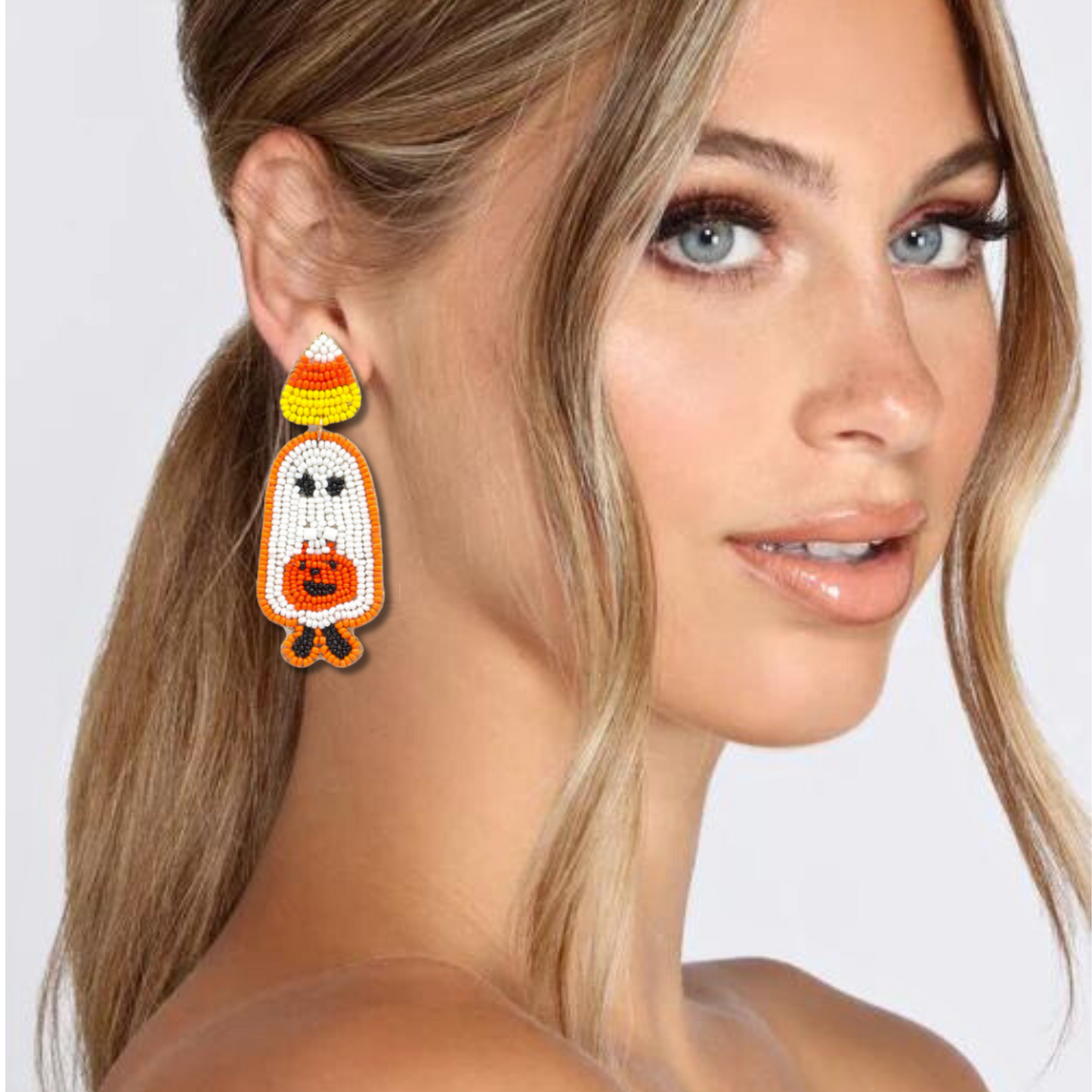 Halloween Candy Corn Trick or Treat Ghost Seed Beaded Earrings