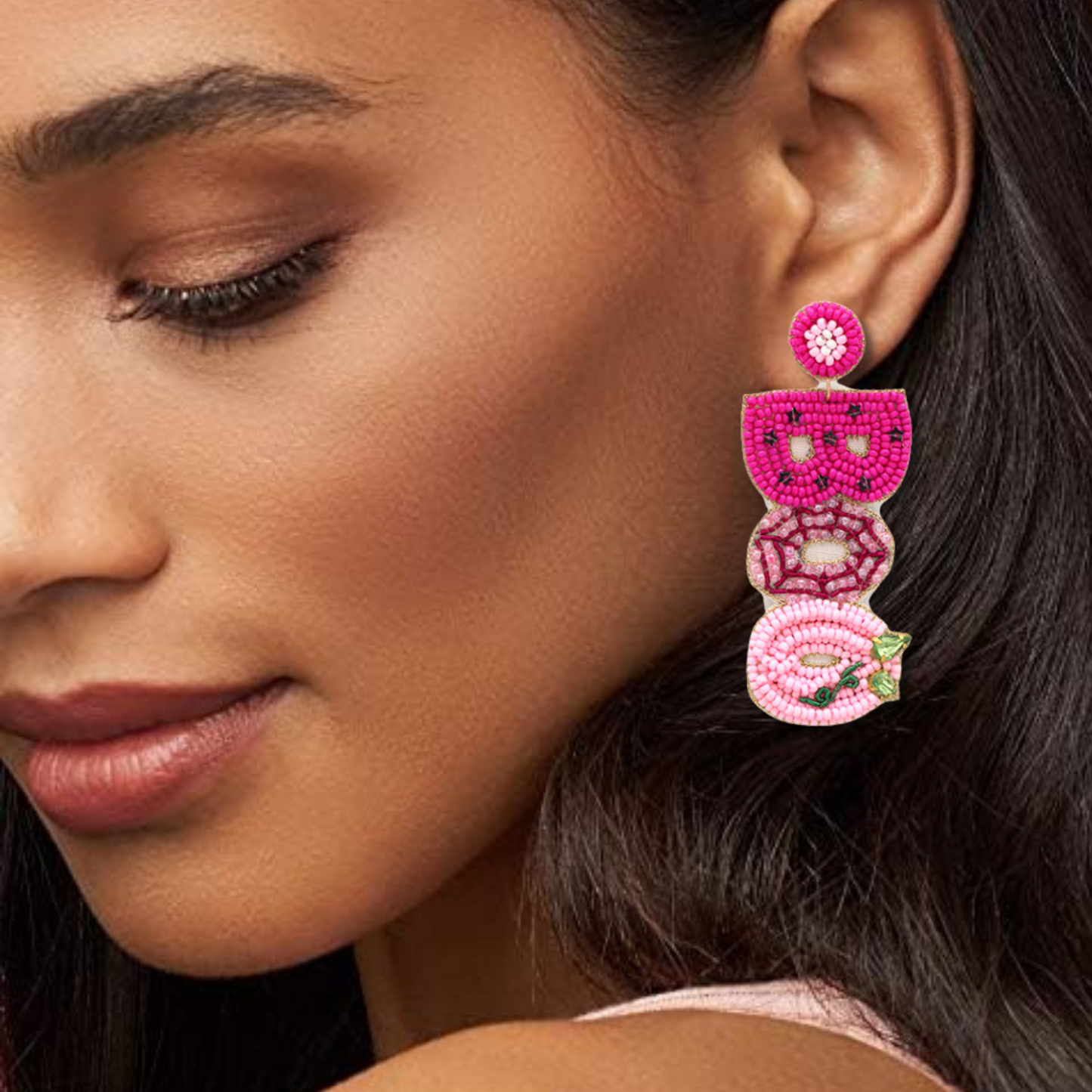 Pink Black BOO Pumpkin Patch Crystal Seed Beaded Earrings