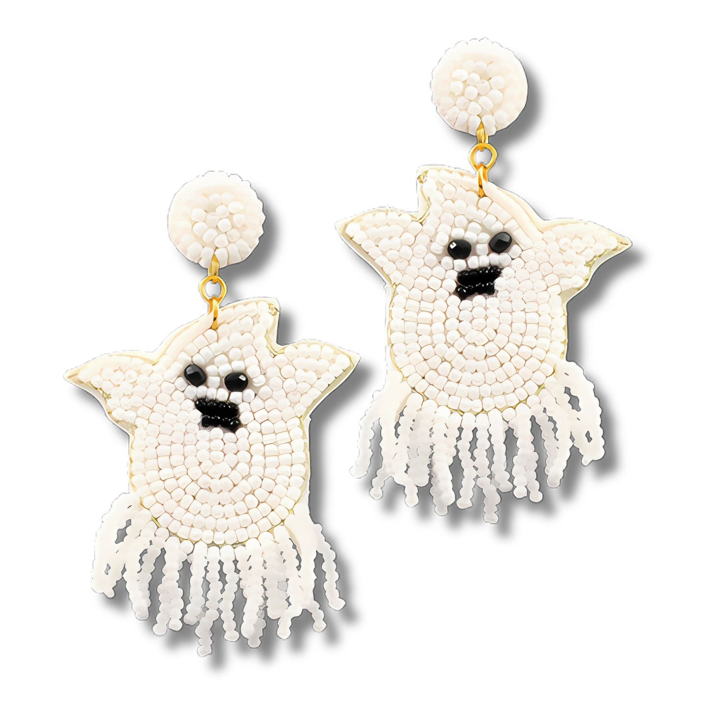 Spooky Fringe Bottom White Ghost Halloween Beaded Earrings