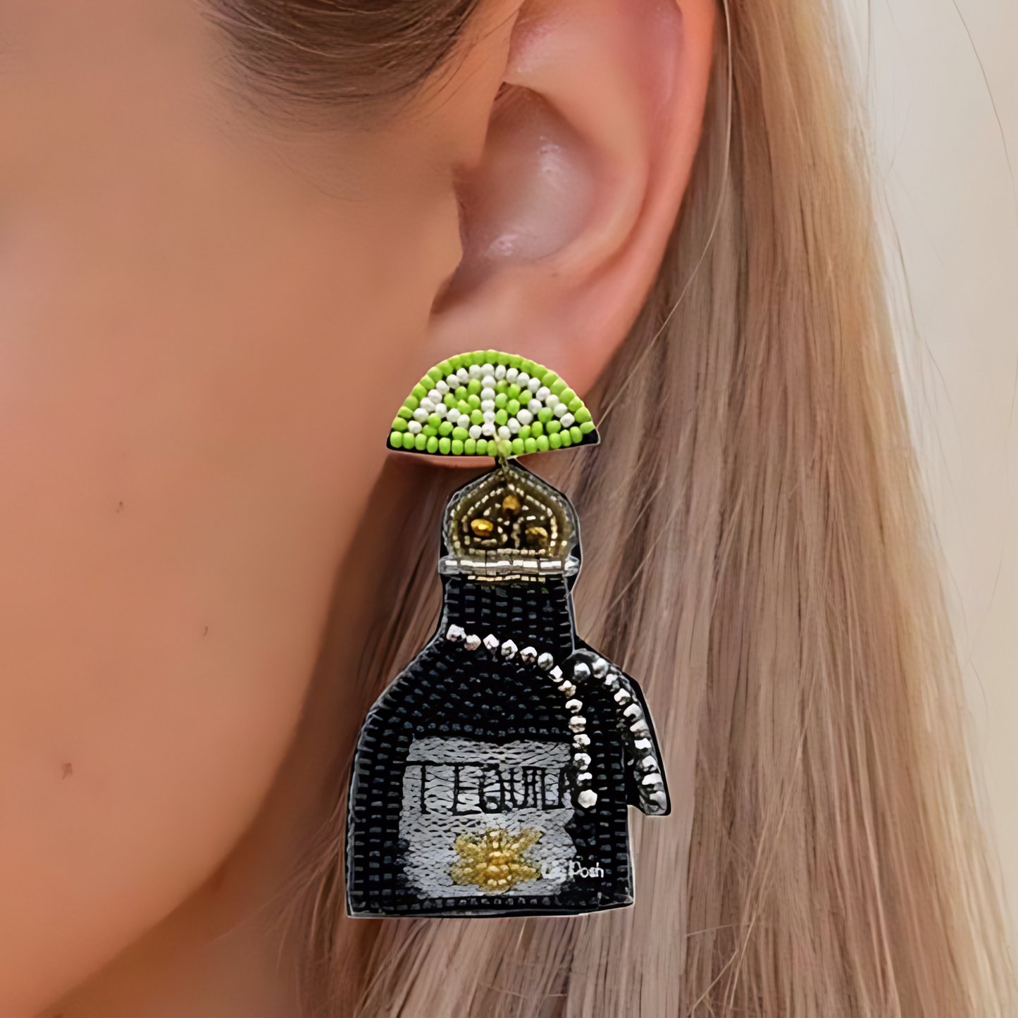 Tequila Bottle With Lime Seed Beaded Earrings