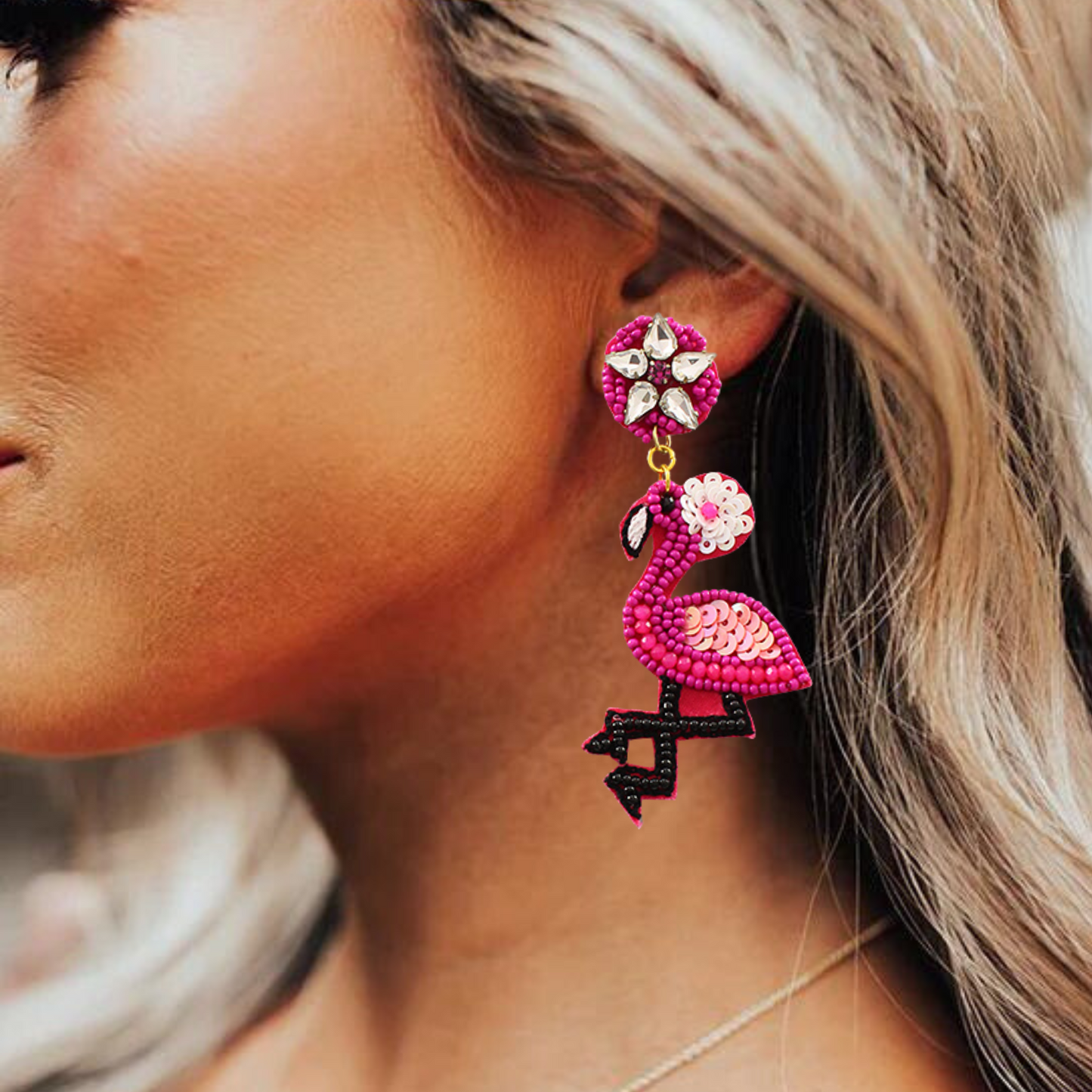 Pink Flamingo Tropical Bird Seed Bead Crystal Earrings