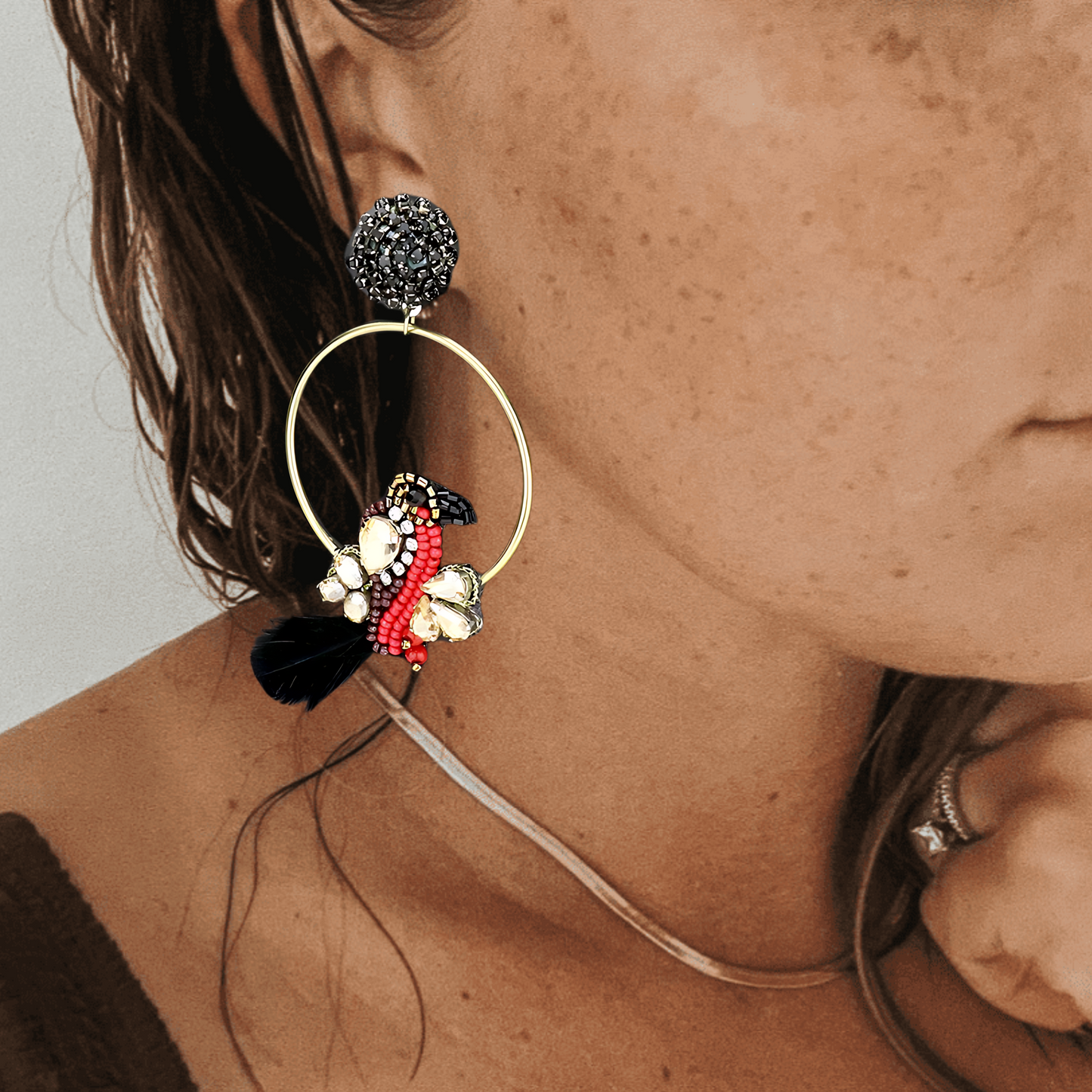 Parrot on a Perch Beaded Feather Hoop Earrings