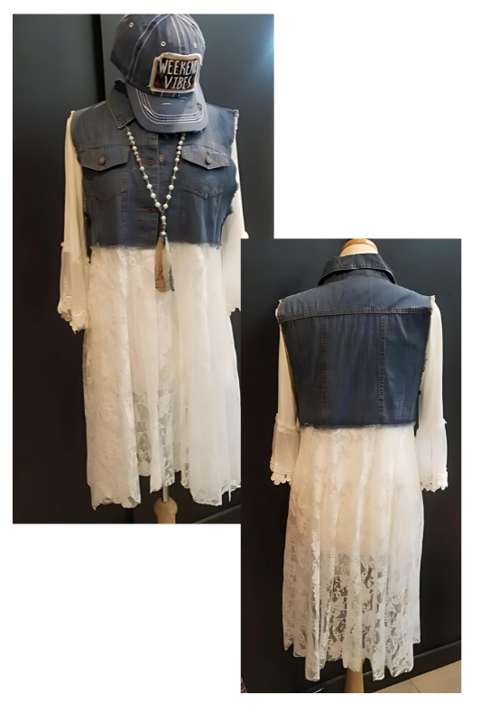 Deidre Blue Denim Vest Boho Lace Hem in Beige
