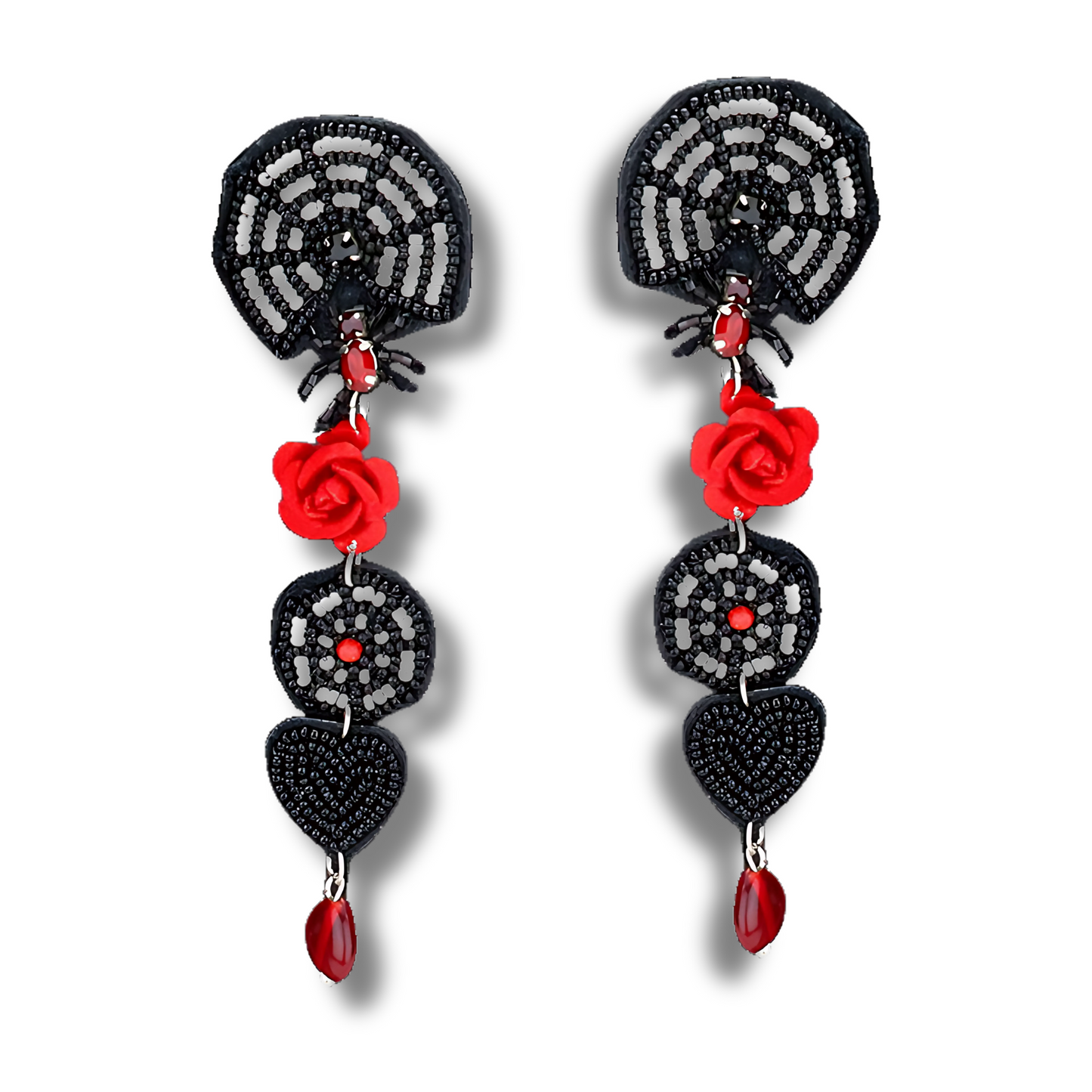 Spider Web Rose Potion Seed Beaded Crystal Goth Spell Earrings