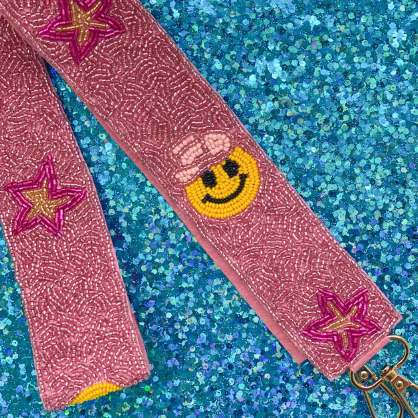 Pink Cowgirl Smiley Beaded Crossbody Bag Strap
