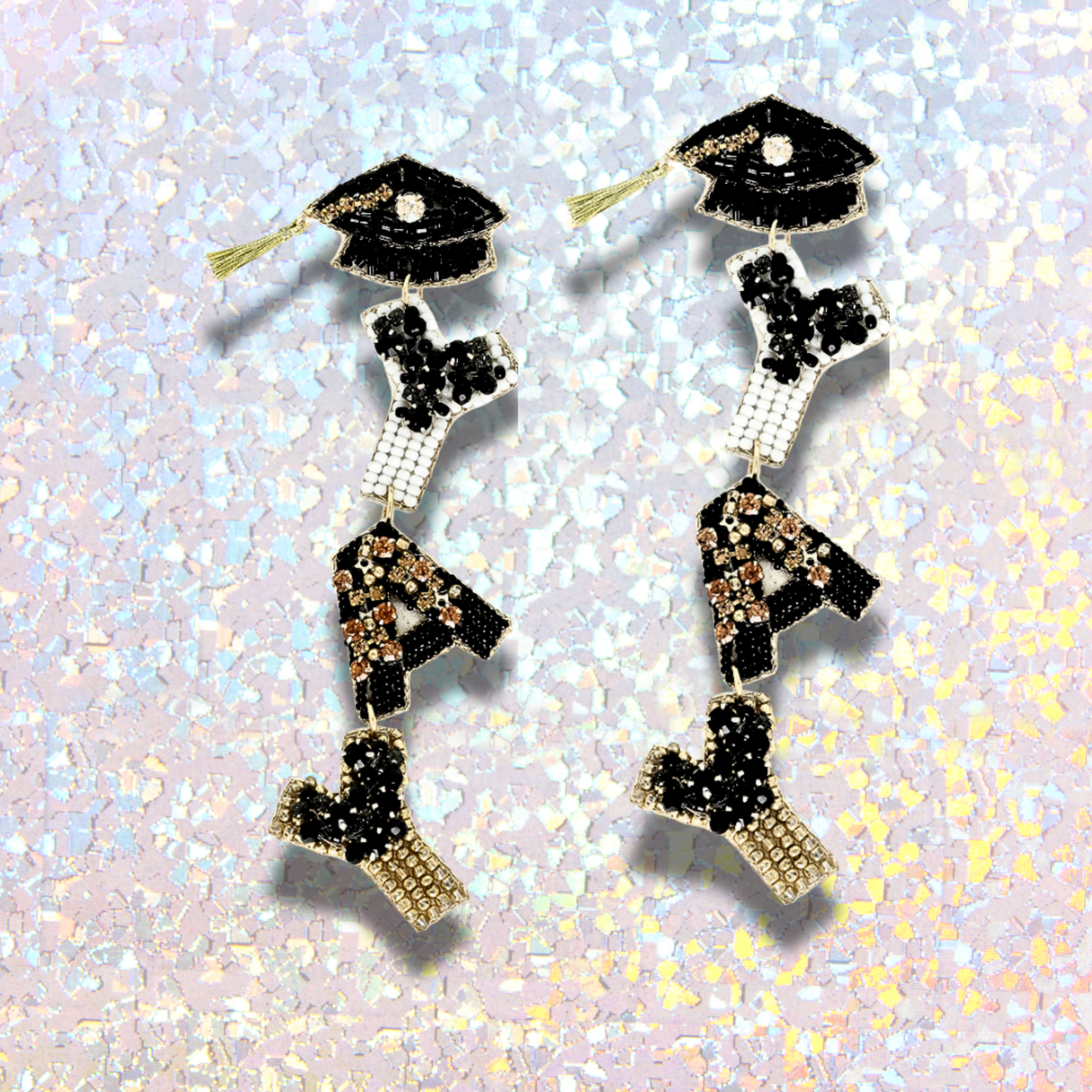 Graduation YAY Word Rhinestone Seed Beaded Earrings