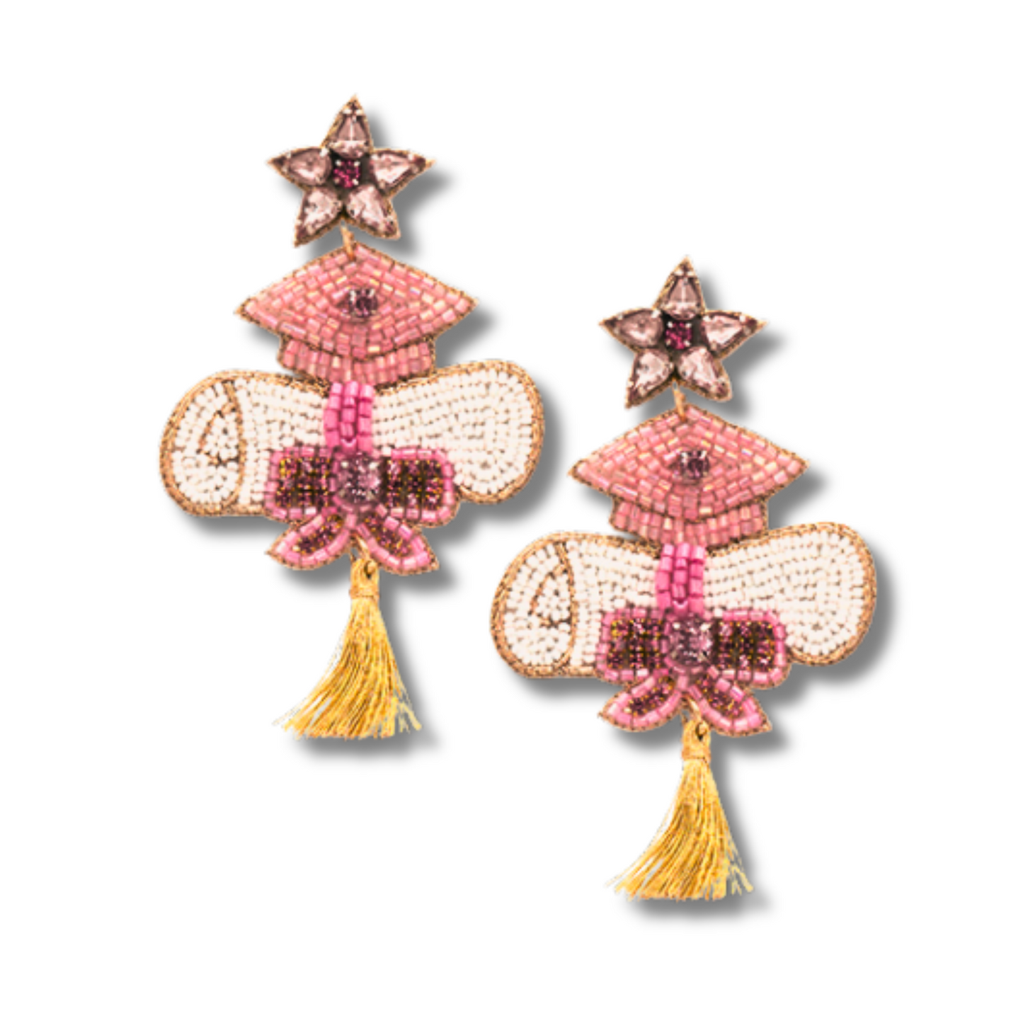 Graduation Cap Diploma Pink Seed Beaded Earrings