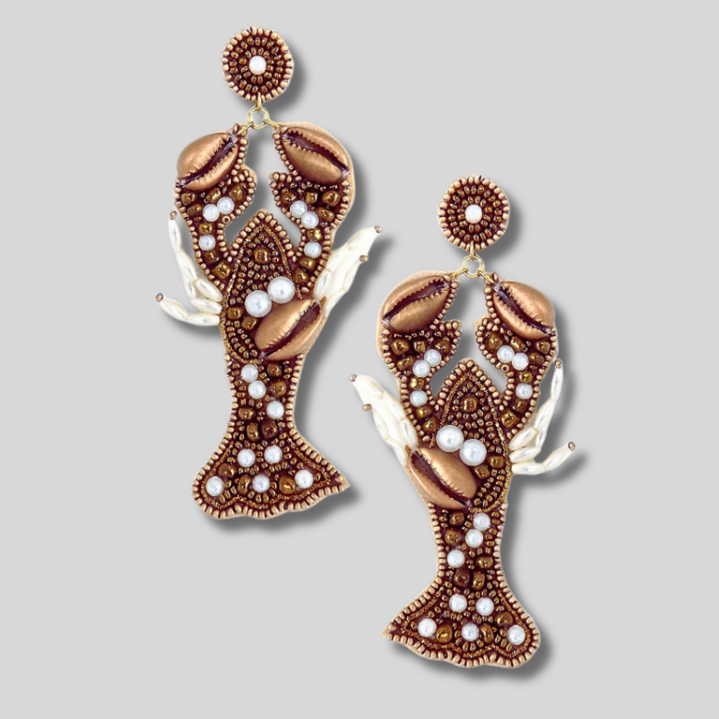 Large Lobster Gold Beaded Seashell Pearl Embellished Earrings