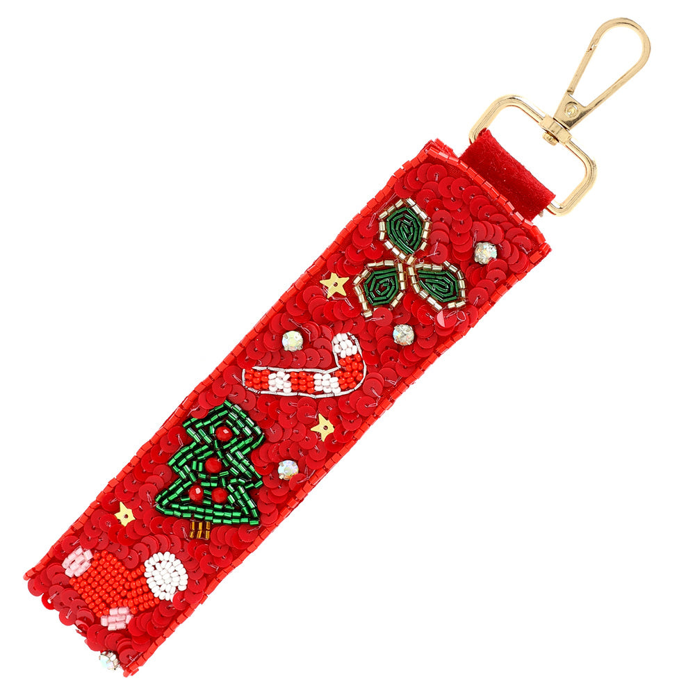 XMAS Theme Beaded Red Lanyard Keychain