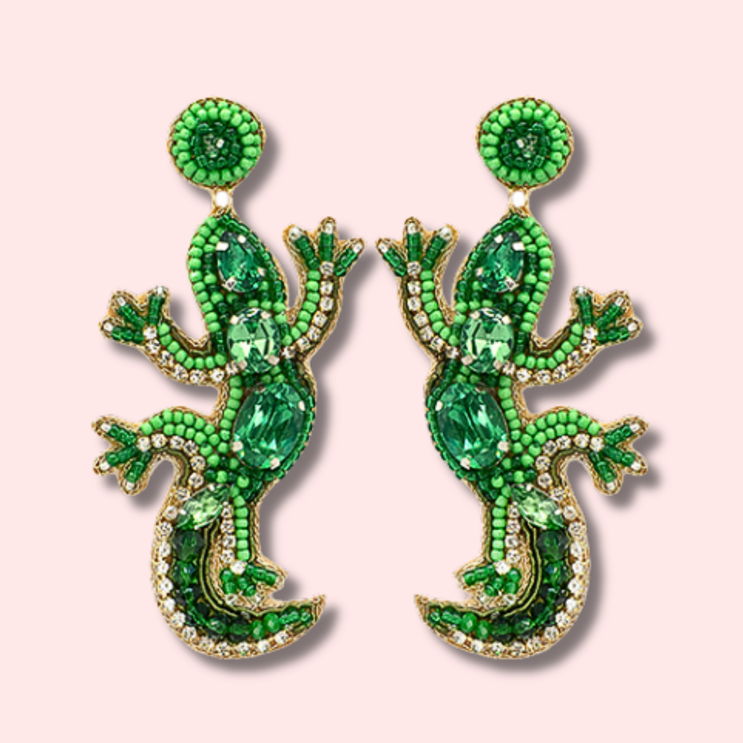 Lizard Gecko Green Beaded Crystal Earrings