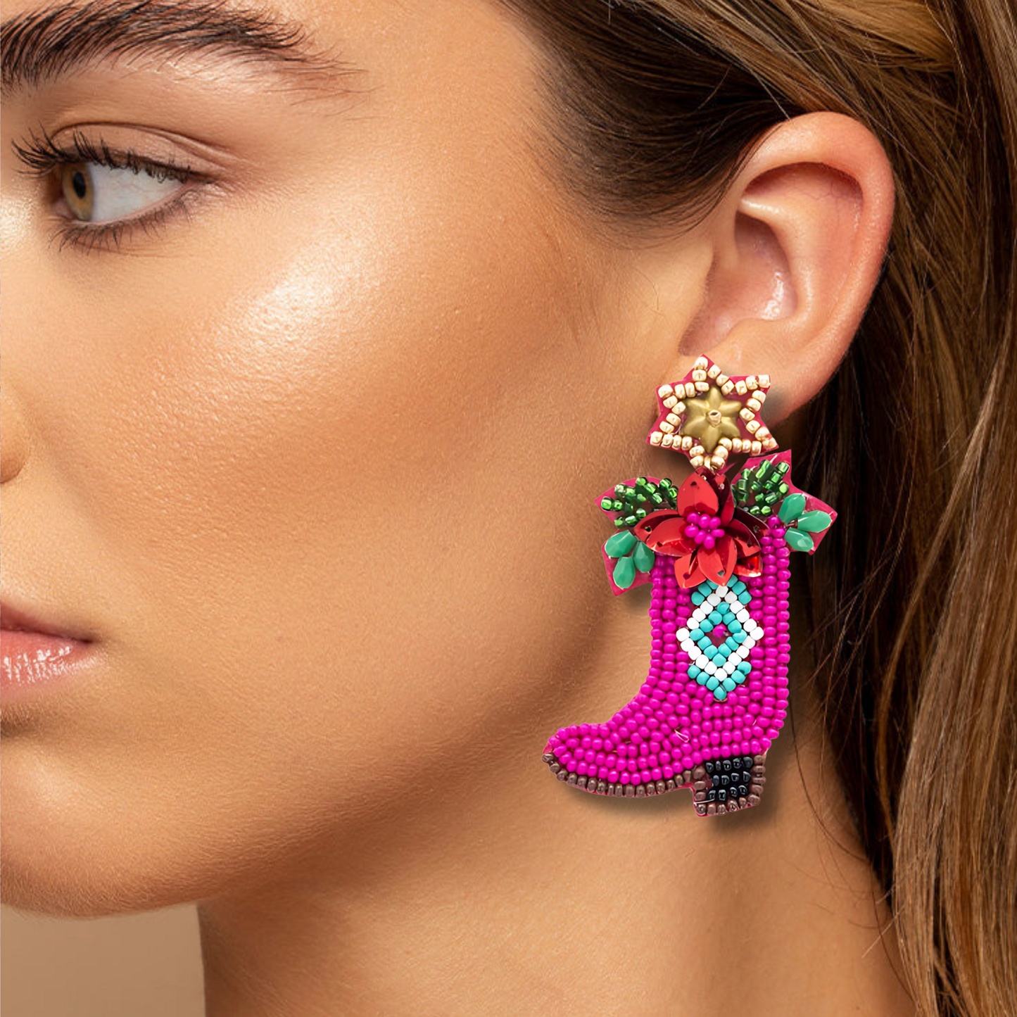 Christmas Beaded Western Boots Star Flower Earrings