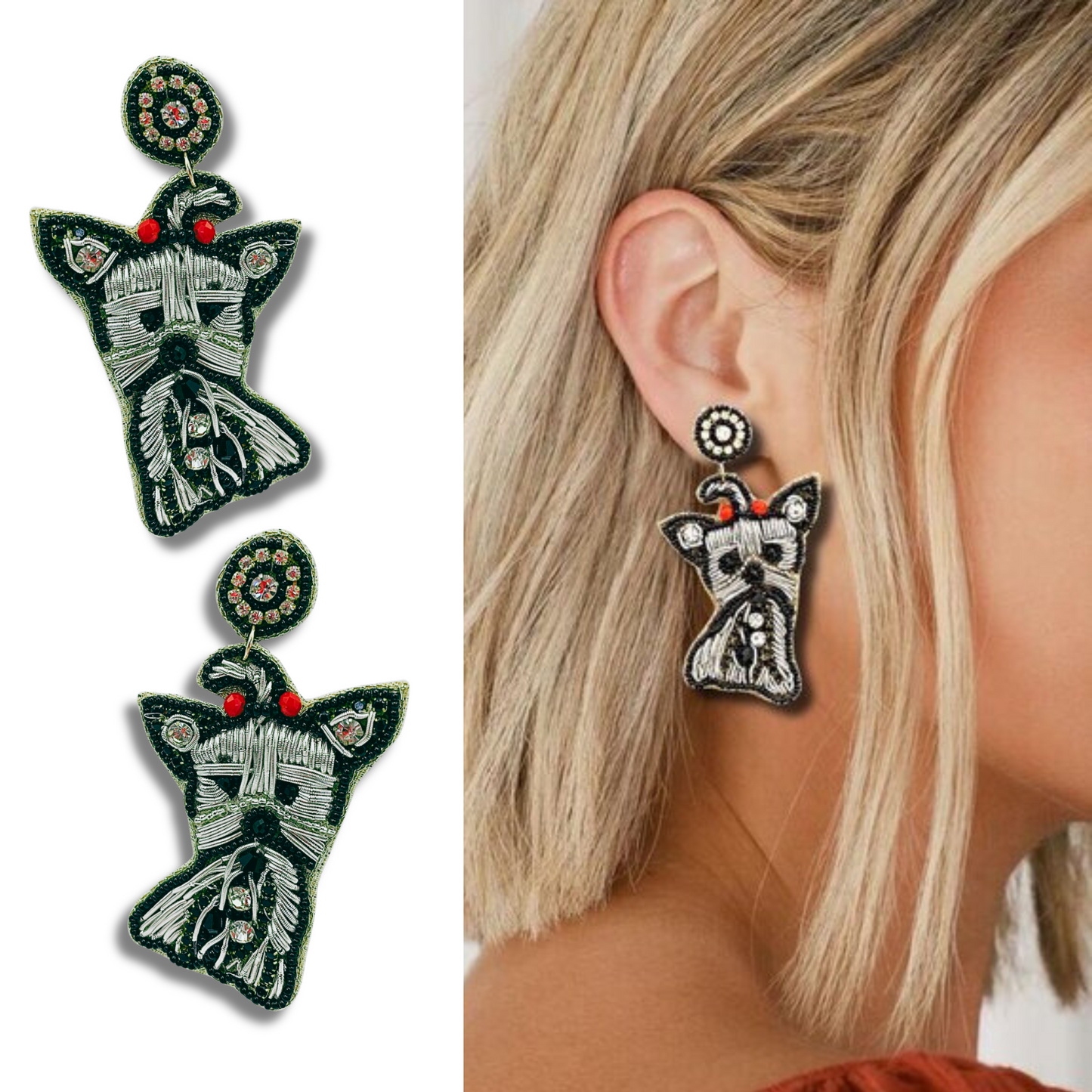 Yorkie Dog Breed Silver Fur Baby Beaded Earrings