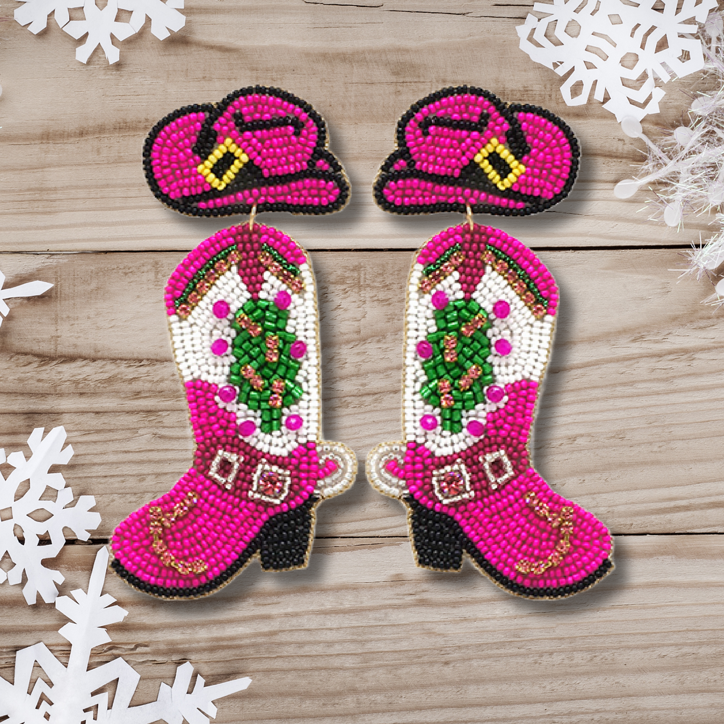 Pink Christmas Beaded Western Theme Boots Earrings