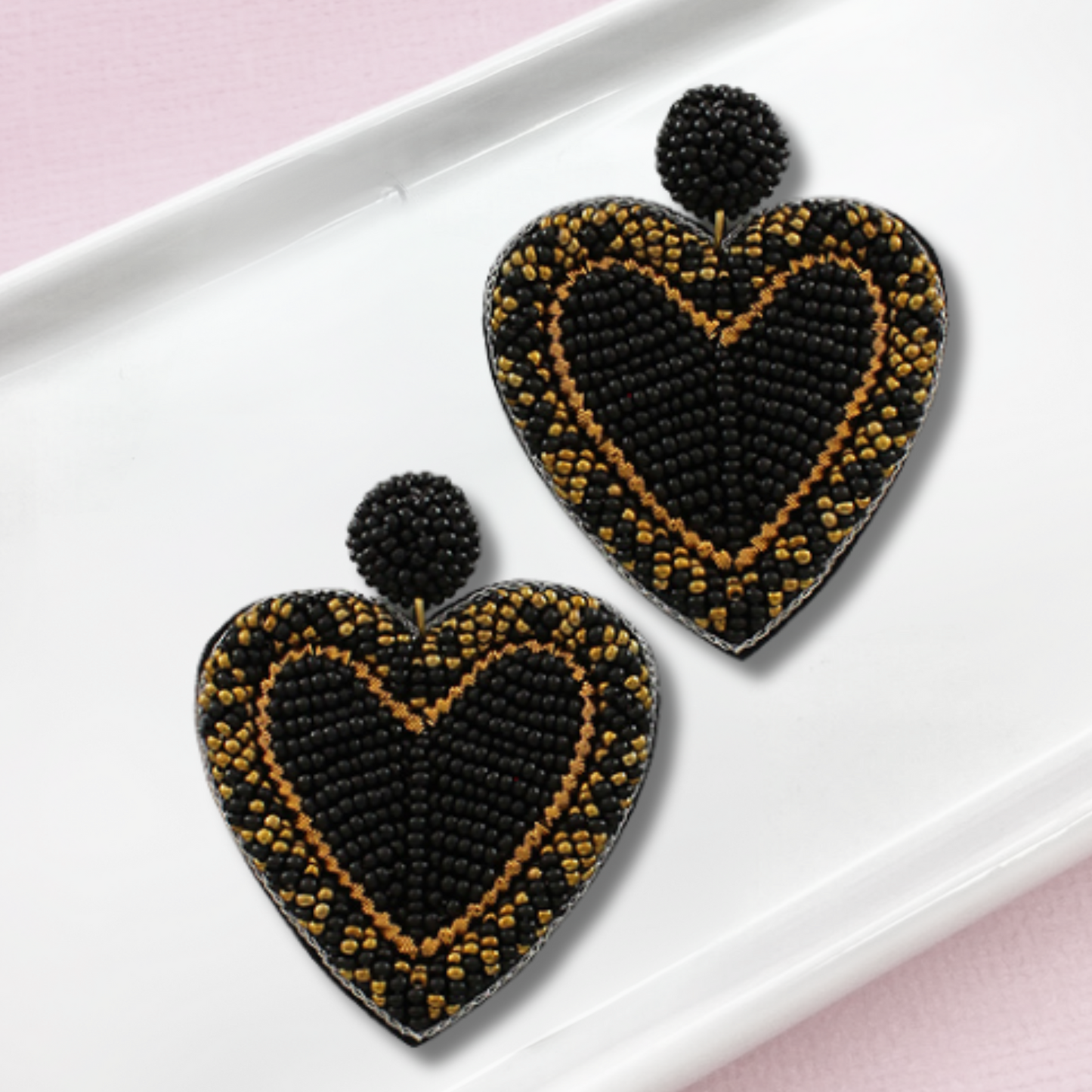 Puffy Heart Metallic Gold Threaded Beaded Earrings