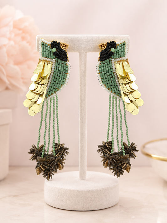 Tropical Quetzal Bird Seed Beaded Earrings