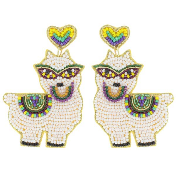 Beaded Mardi Gras Llama Dangle Earrings