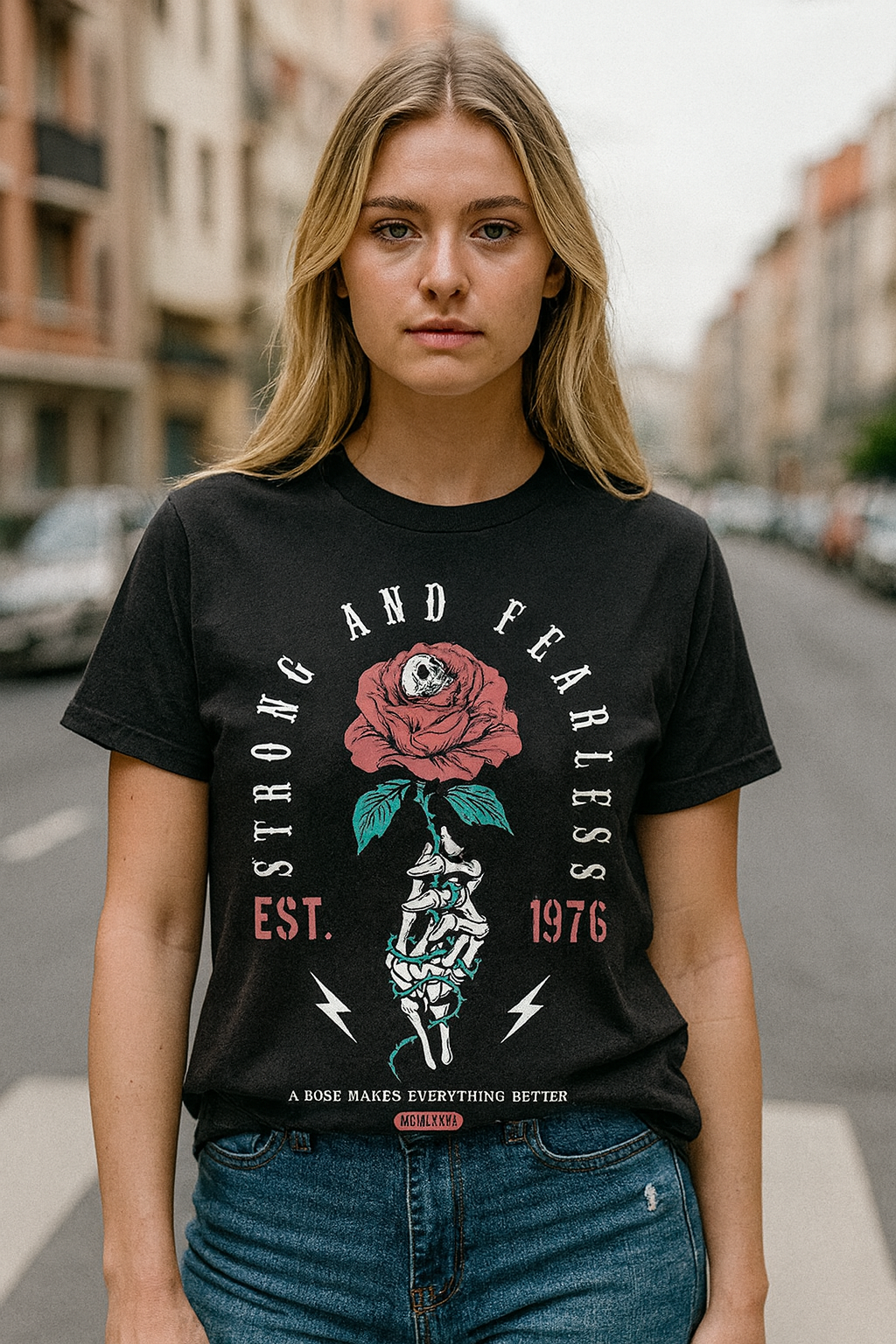 Strong & Fearless Rose Skull Graphic T-Shirt