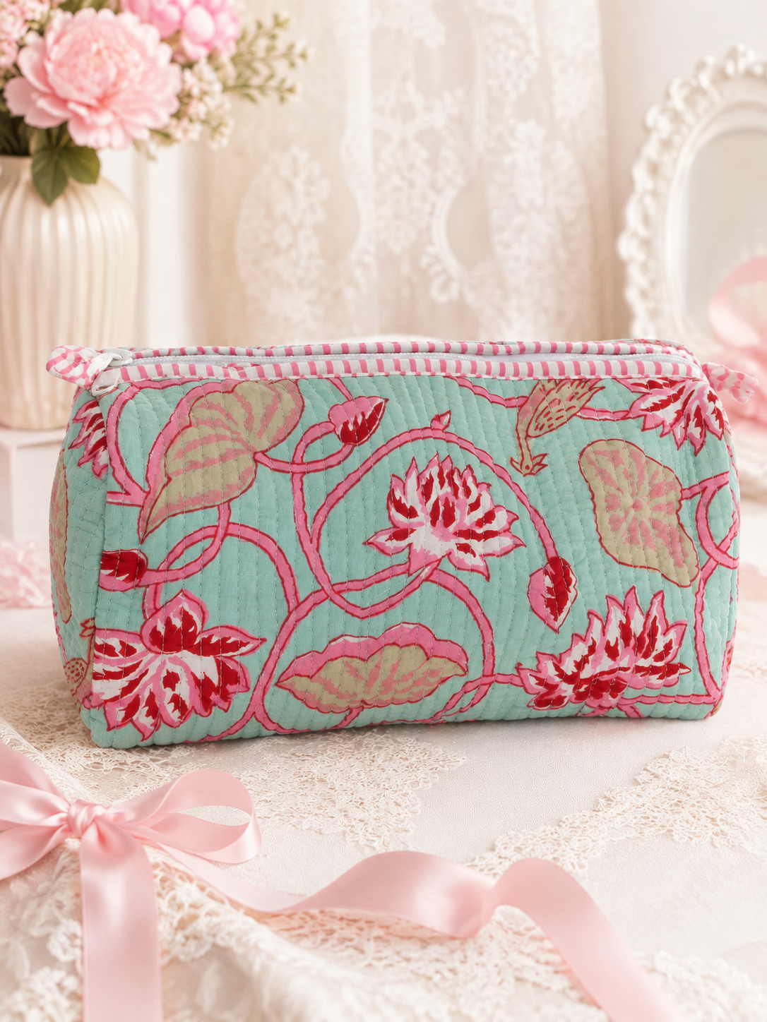 Pink Floral Coquette Style Quilted Cosmetic Bag