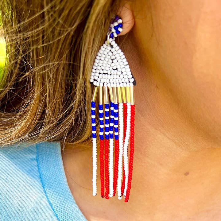 4th of July Patriotic American Tassel Beaded Earrings