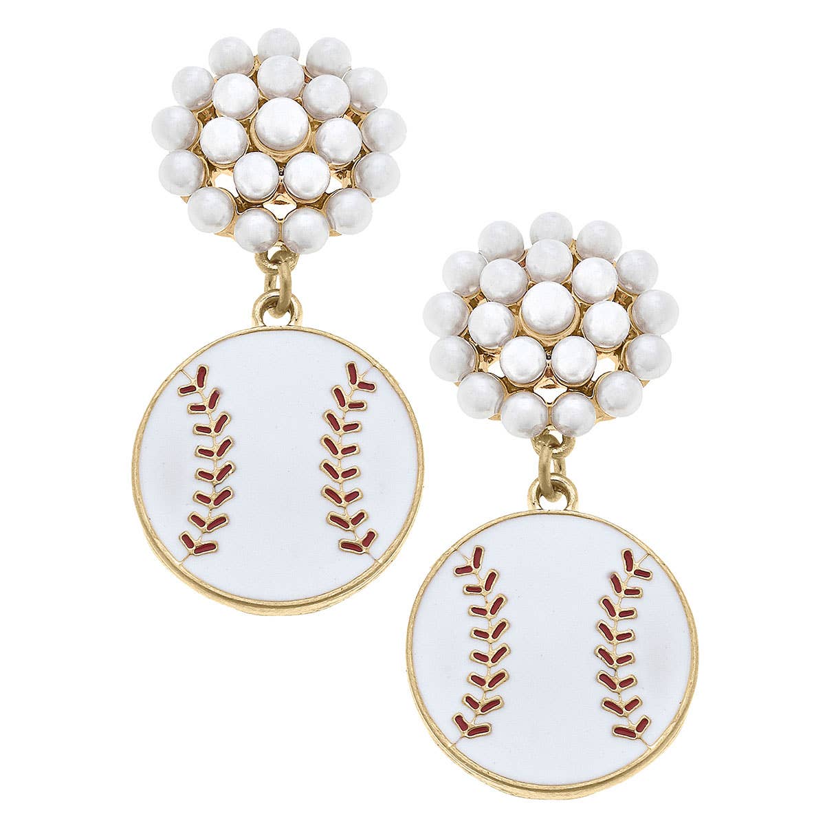 Baseball Pearl Cluster Enamel Drop Earrings