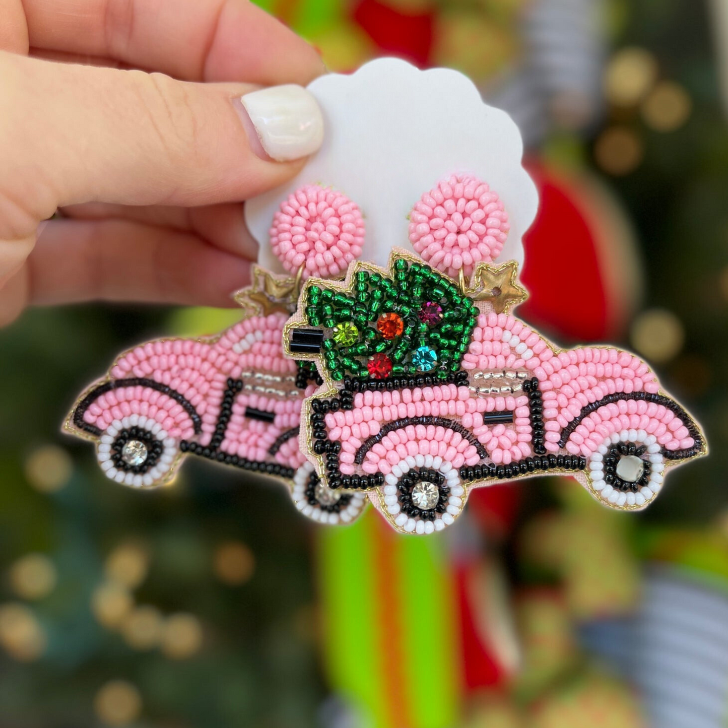 Pink Truck Cowgirl Western Christmas Tree Bead Earrings