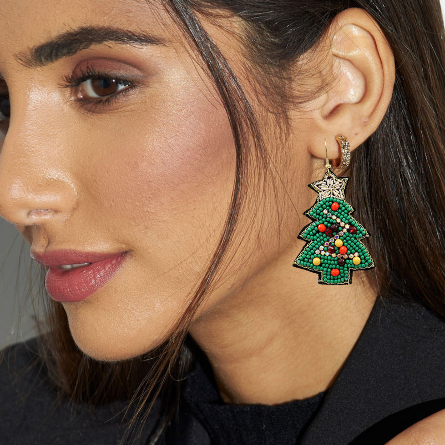 Rhinestone Beaded Festive Christmas Tree Holiday Earrings