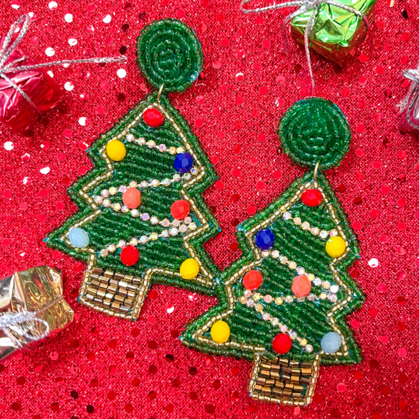 Rhinestone Seed Beaded Christmas Tree Holiday Earrings