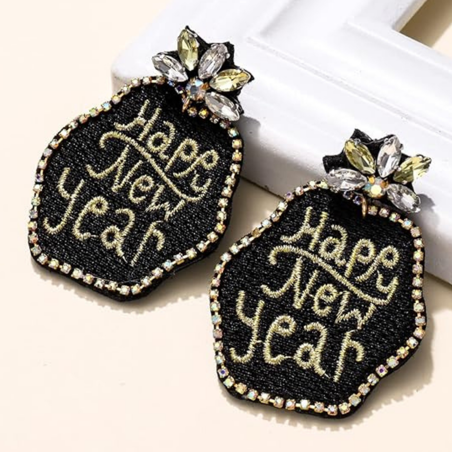 New Years Eve Black Gold Rhinestone Crystal Beaded Earrings