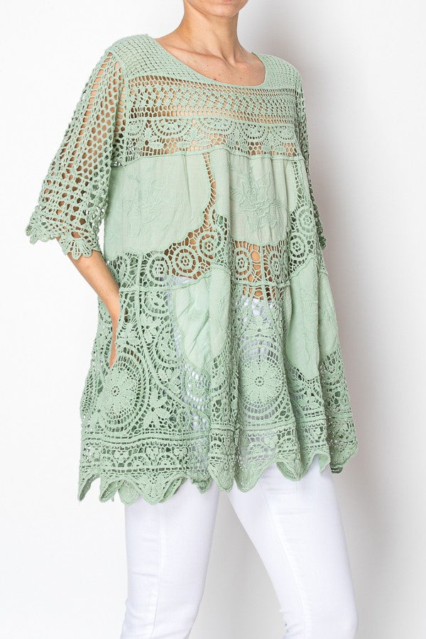 Rowen Crochet Lace Bohemian Tunic Top in Sage Green