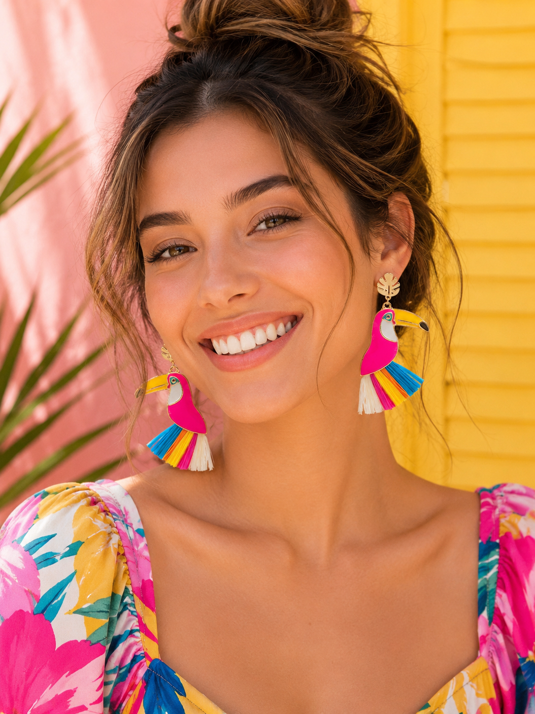 Toucan Bird Raffia Tassel Earrings