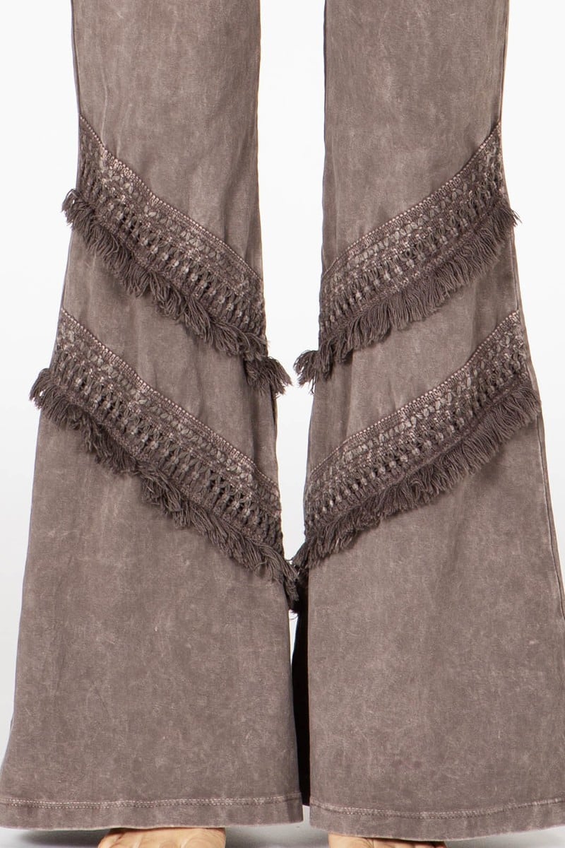 Michaela Mineral Washed Taupe Boho Ruffle Bell Bottom Pants