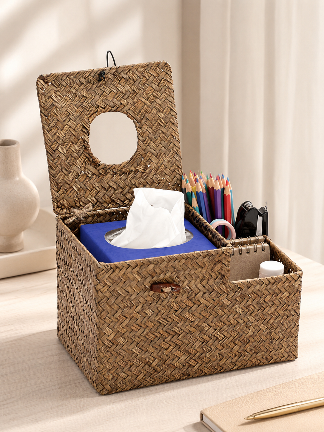 Woven Seagrass Tissue Box Holder with Side Organizer
