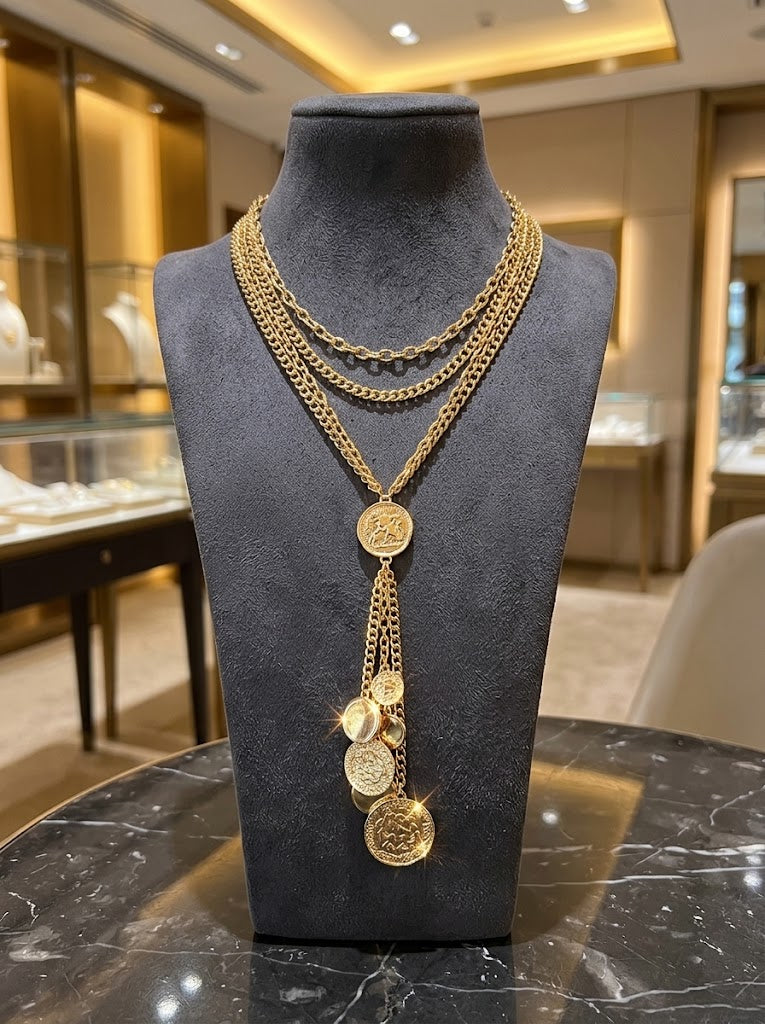 Coin Medallion Multi-Strand Layered Chain Gold Necklace