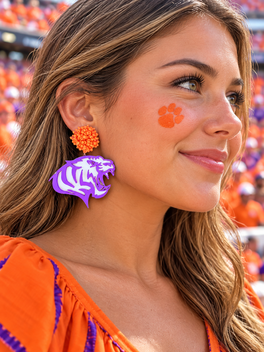 Clemson Tigers Football Acrylic Orange Purple Beaded Earrings