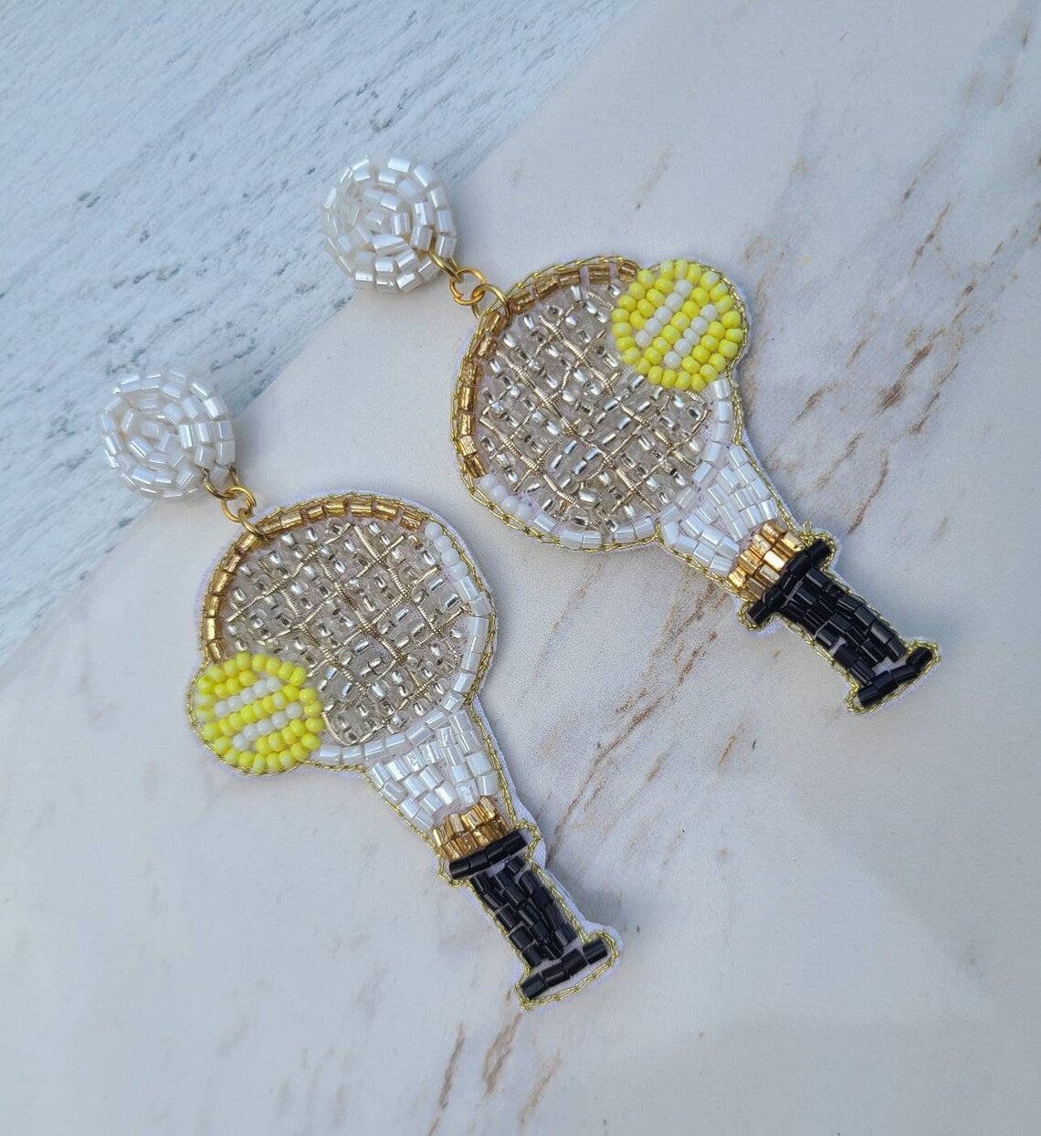TENNIS Theme Seed Beaded White Racket Earrings