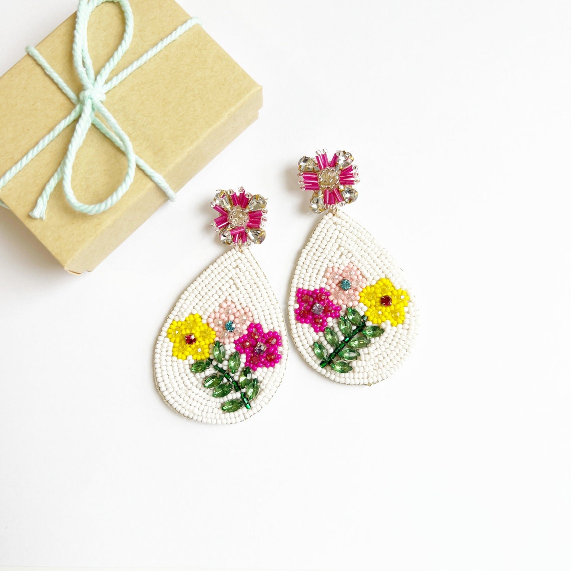 Flower Garden Crystal Seed Beaded Teardrop Earrings