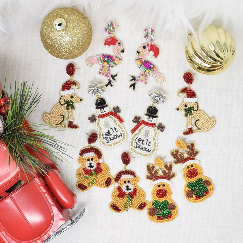 Christmas LET IT SNOW Snowman Beaded Drop Earrings
