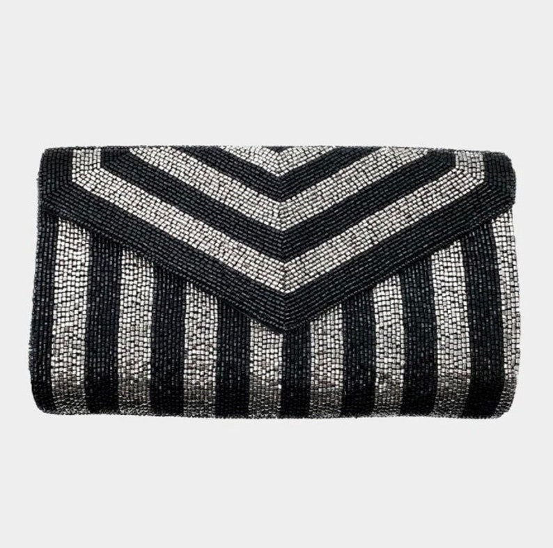 Black Pink Striped Beaded Crossbody Clutch Handbag