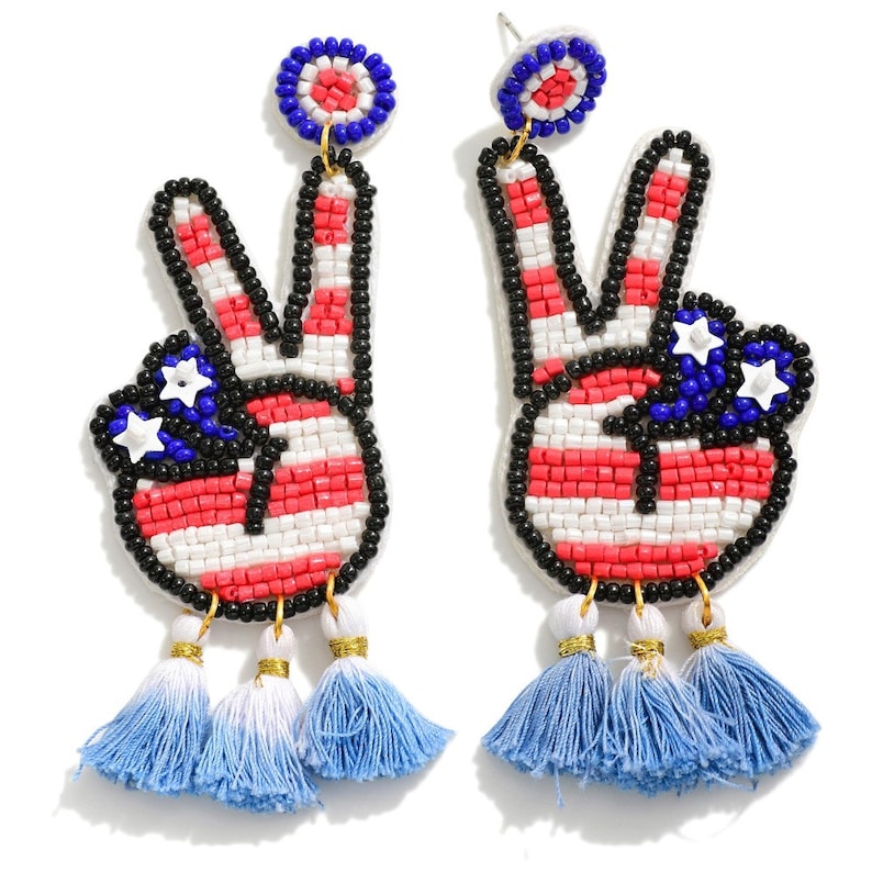 USA Flag PEACE Sign Beaded Tassel Earrings