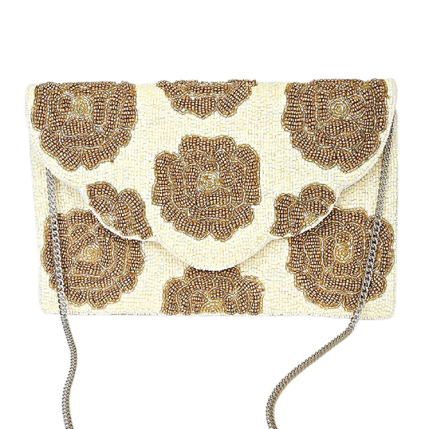 White Gold Rose Beaded Crossbody Clutch Handbag
