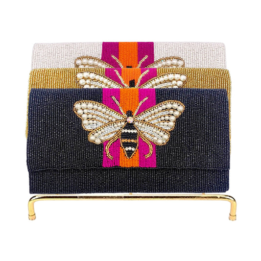 Pearl Winged Bee Striped Seed Beaded Crossbody Clutch Handbag