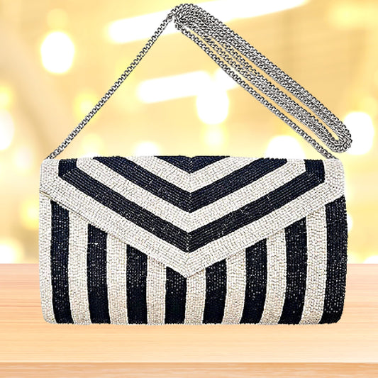 Black Pink Striped Beaded Crossbody Clutch Handbag