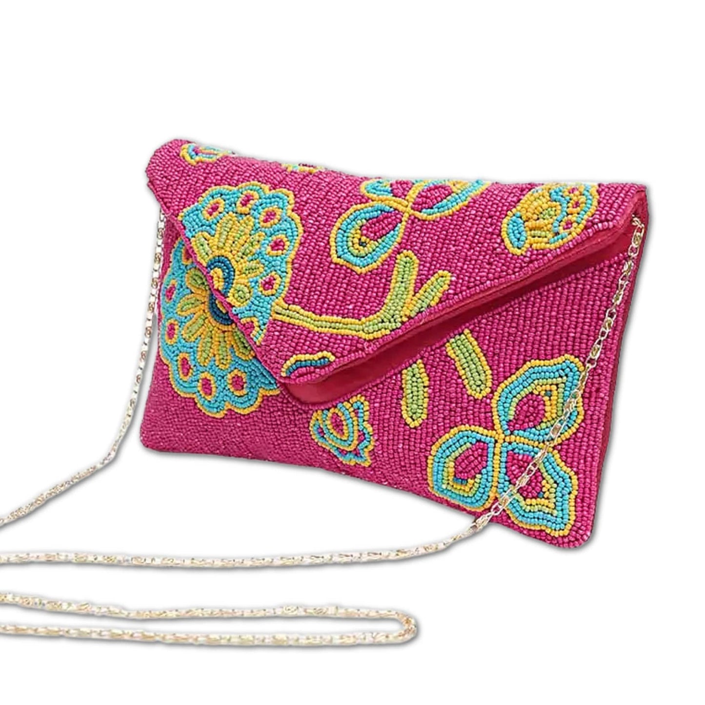 Abstract Floral Seed Beaded Crossbody Chain Clutch Bag