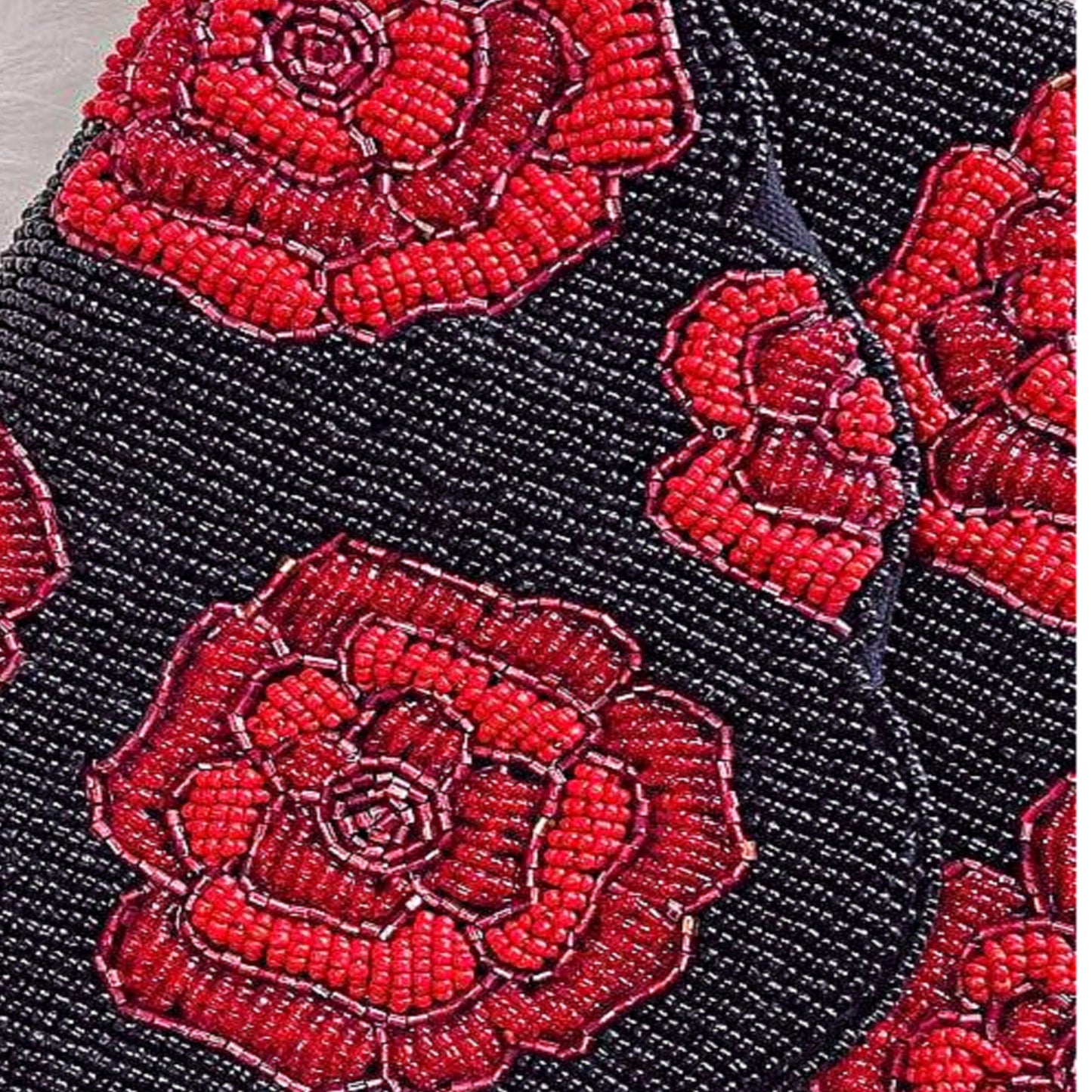 Red Rose Black Seed Beaded Crossbody Clutch Handbag