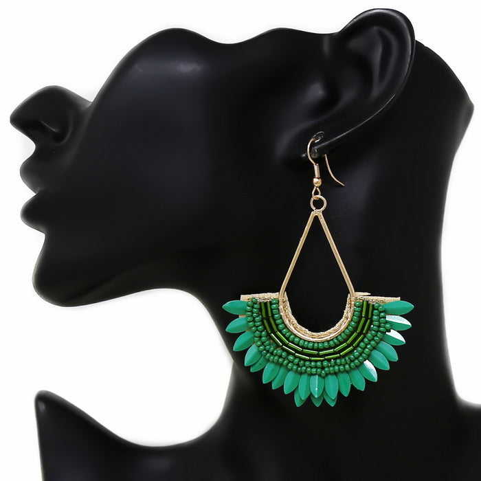 Fan Sequin Seed Beaded Artisan Teardrop Boho Earrings