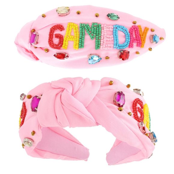 Pink GAMEDAY Football Sports Beaded Crystal Top Knot Headband